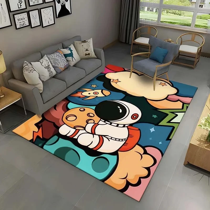 Cartoon Space Astronaut Carpet Planet Spaceman Travel in Space Print Rug for Boy Girl Bedroom Living Room Indoor Large Floor Mat