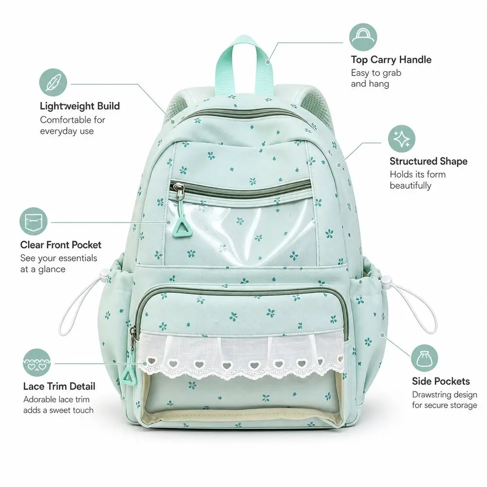 Lace Trim Student Schoolbag Multiple Pockets Large Capacity Book Bags Lightweight Soft Nylon Casual Backpacks For Women Girls