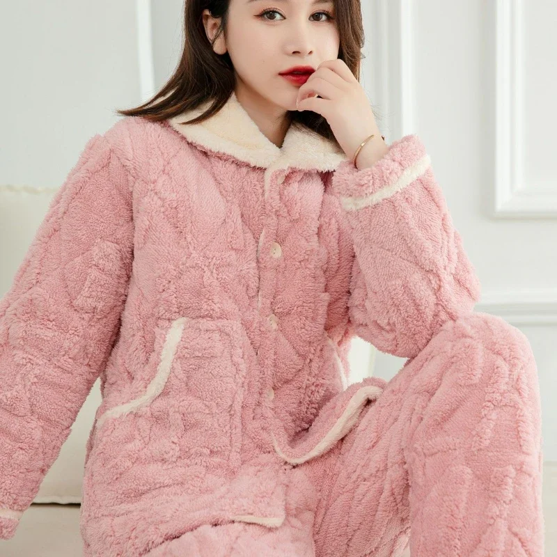 2024 Pajama Women's Winter Jacquard Fleece Three-layer Cotton Thickened Anti-freezing Warm Comfort Flannel Wear Home Wear Set