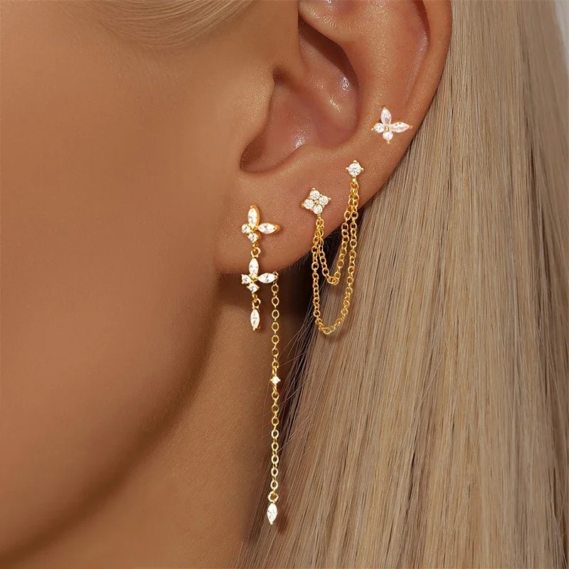 3PCS Flower Butterfly Tassel Chain Dangle Earrings Set For Women Zircon False Perforation Ear Clip Hypoallerg Statement Jewelry