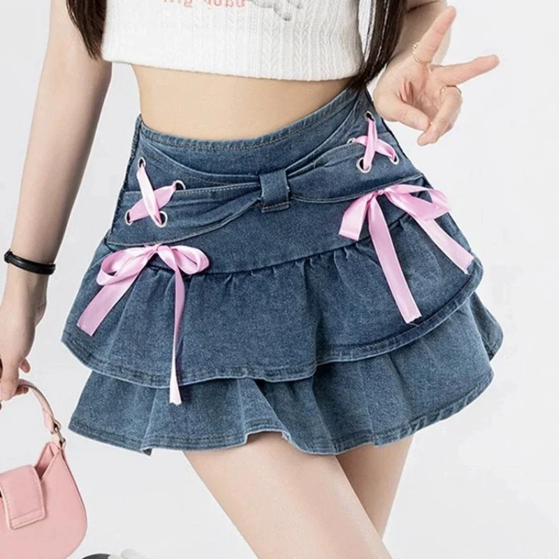 HOUZHOU rok Mini Denim Vintage Kawaii wanita rok Coquette manis pita Ruffle rok pendek Retro model A-line biru musim panas