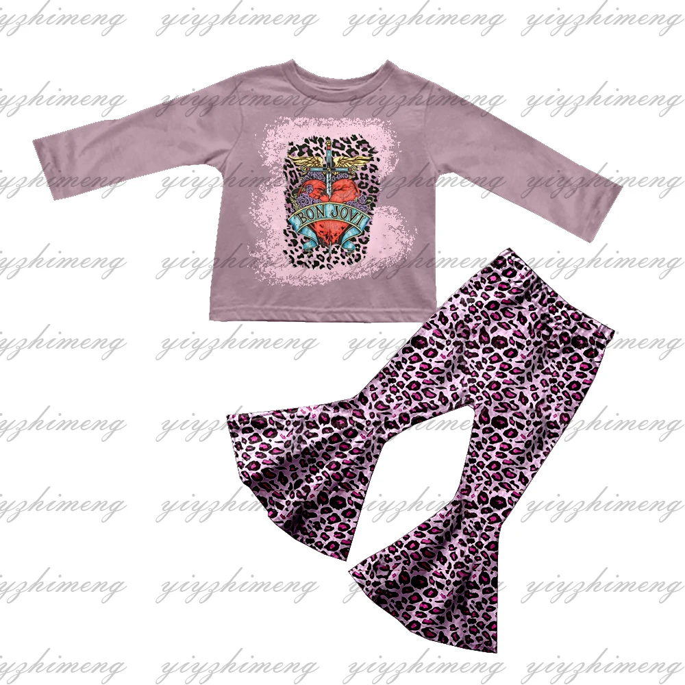 

Toddler Western Print Clothing Girls Long sleeve top Purple leopard bell bottoms Children baby children clothes