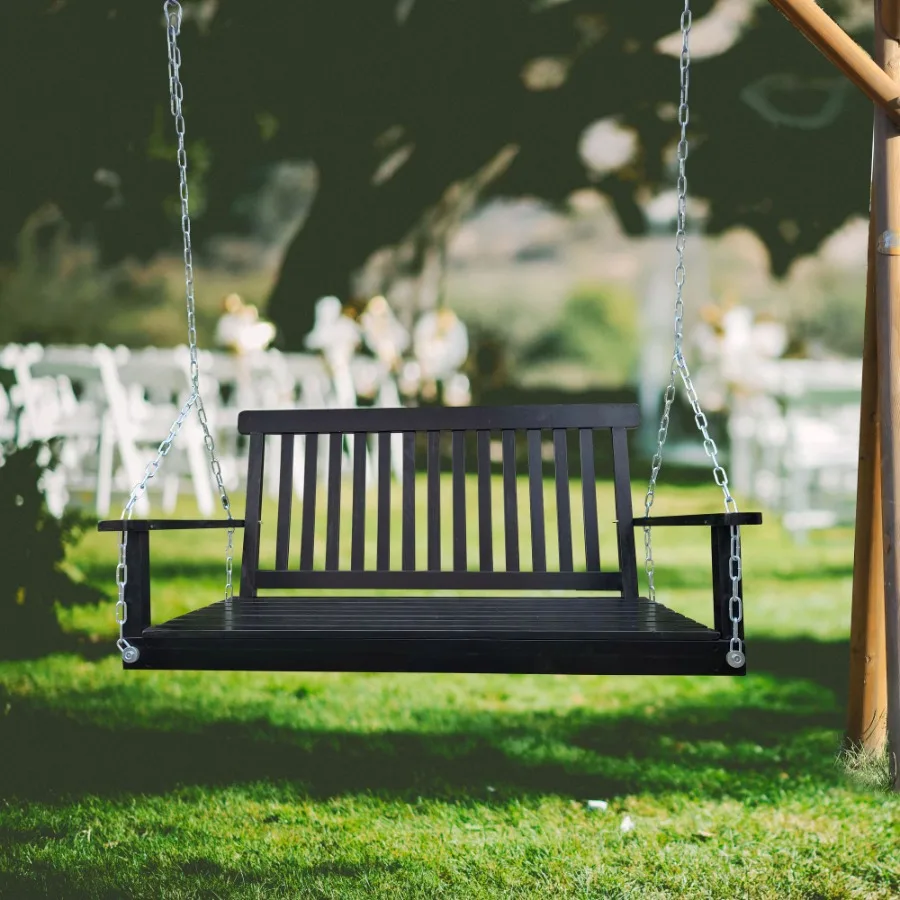 

Front Porch Swing with Armrests Wood Bench Swing with Hanging Chains for Outdoor Patio Garden Yard porch backyard or sunroom Ea