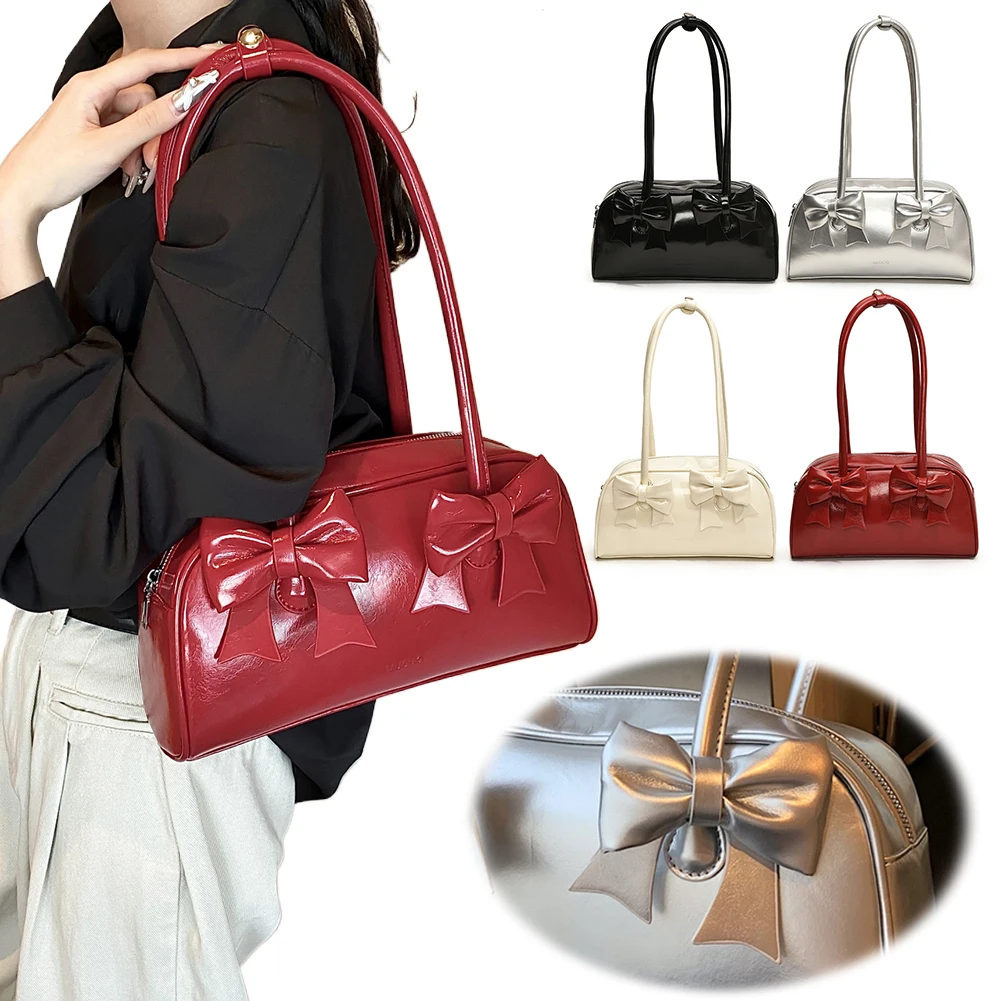 

Women Crossbody Bag Bowknot Pu Leather Handbag Trendy Hobo Bag Solid Color Shopping Bag Commuter Bag