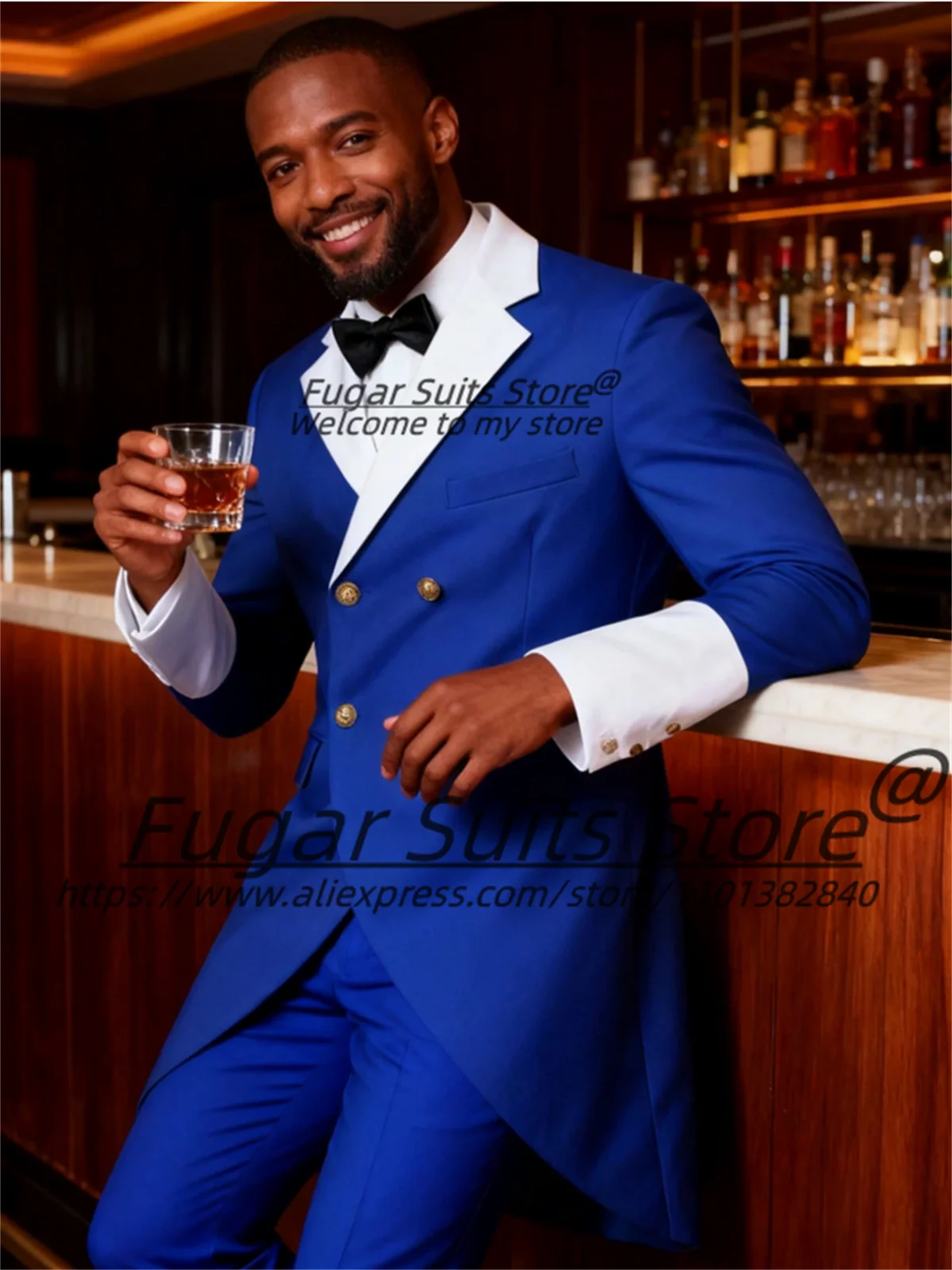 

Elegant Blue Long Formal Groom Wedding Tuxedos Customized Slim Fit Notched Lapel Men Suits Double Breasted 2Pcs Sets Ropa Hombre