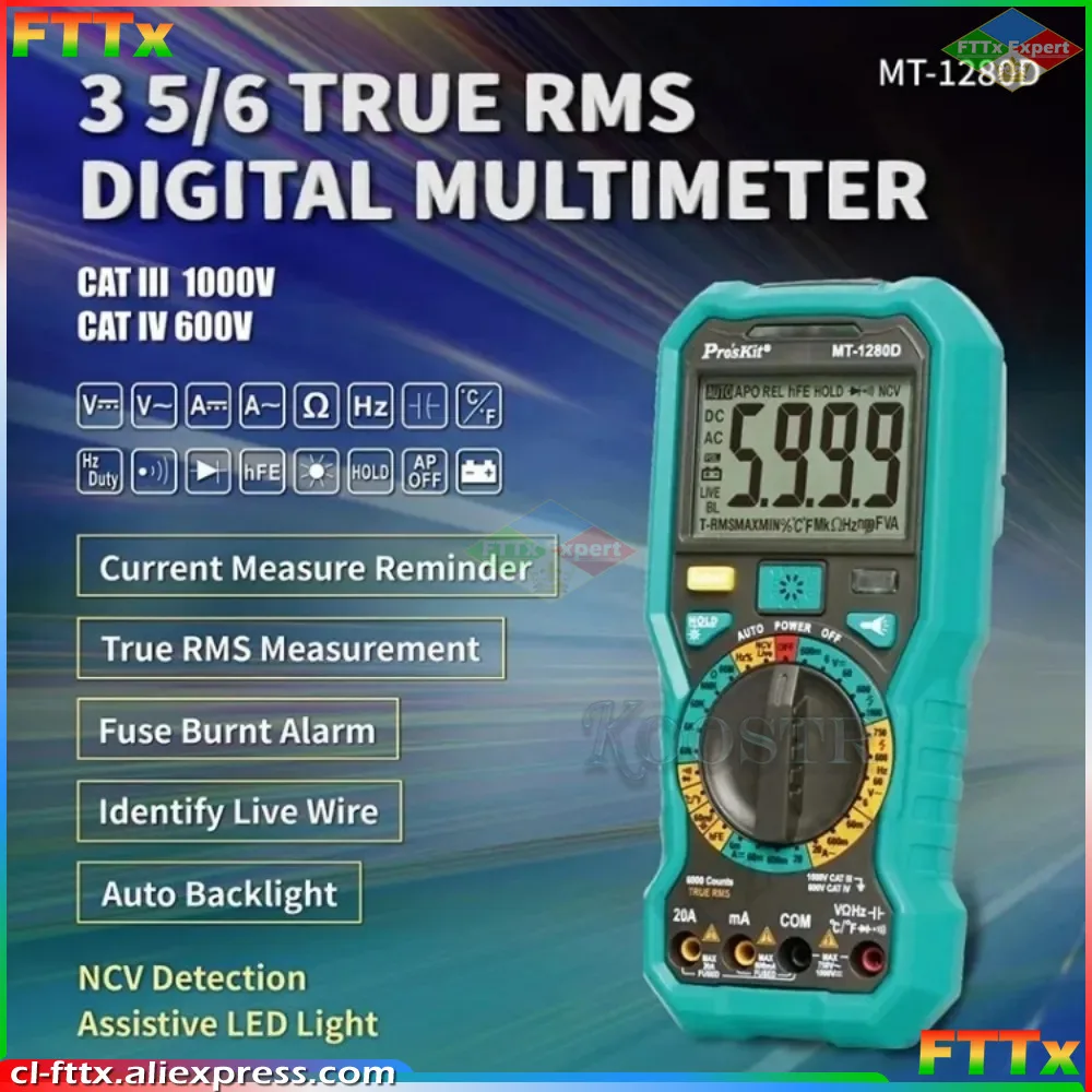 Pro'sKit MT-1280D-C Electrician's Multimeter Digital High Precision True RMS Intelligent Anti-burning Multimeter Convenient