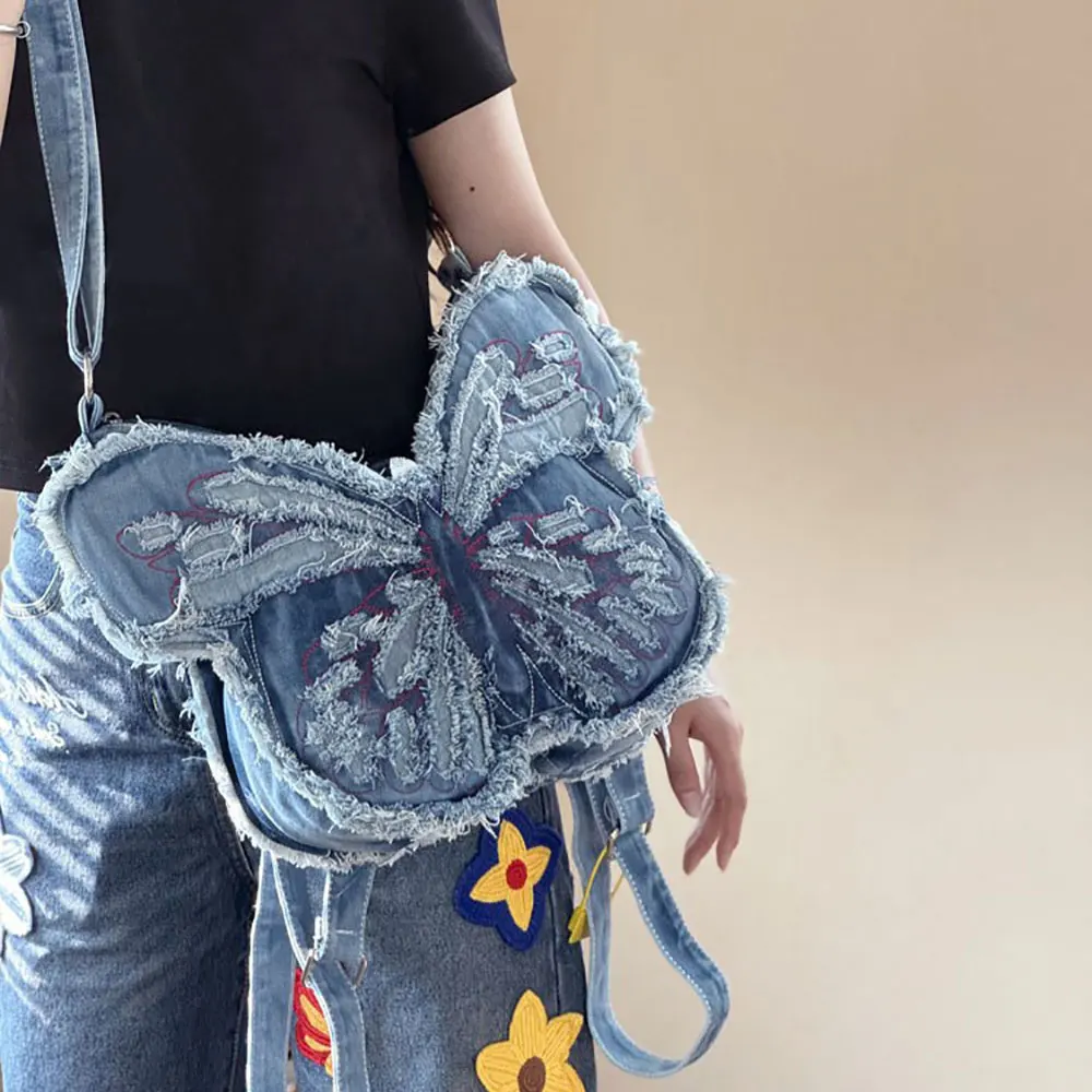 حقيبة ظهر متقاطعة على شكل فراشة بكتف واحد للنساء والفتيات حقيبة ظهر عصرية من قماش الدنيم للنساء والفتيات