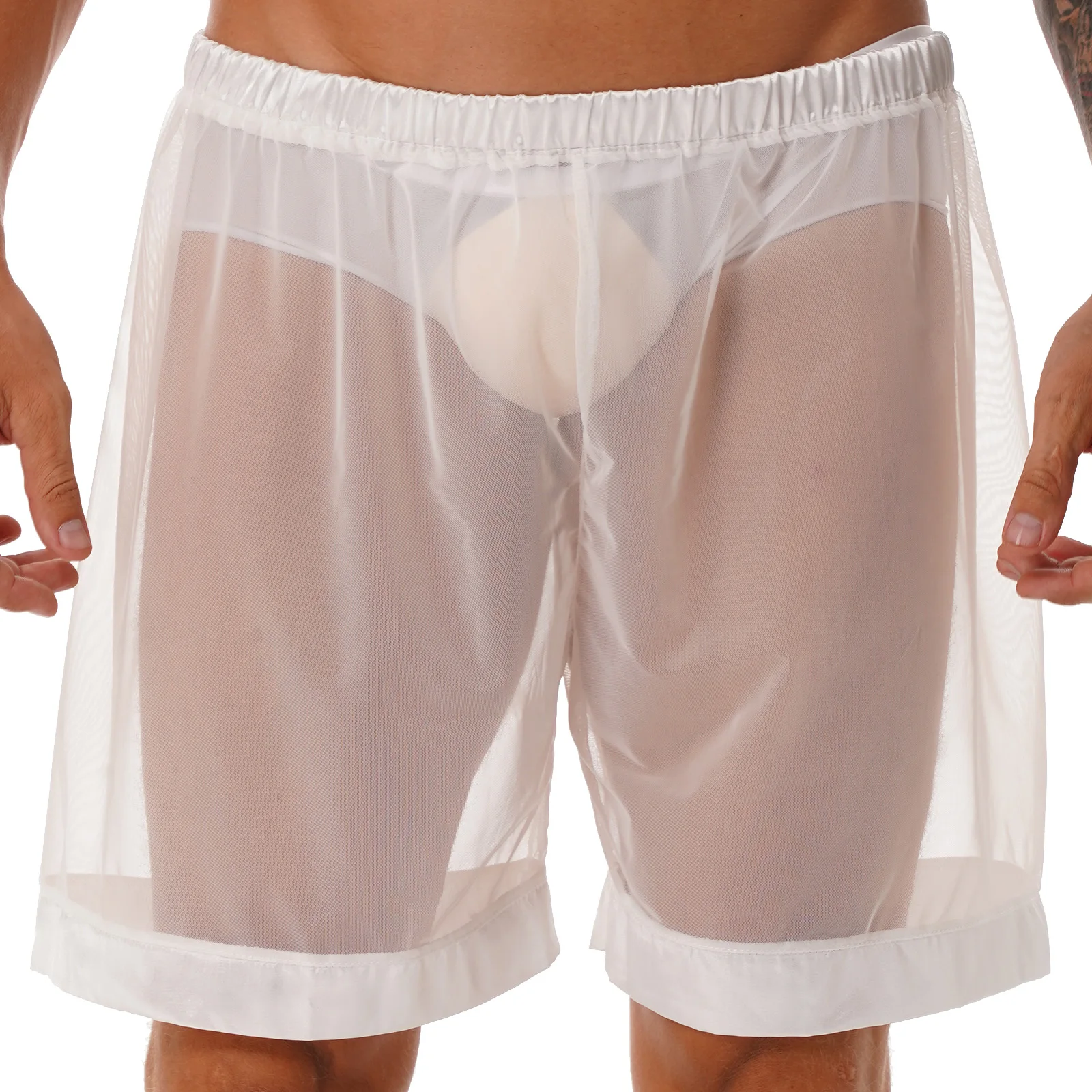 White Mens Clubwear Pure Color Elastic Waistband See-through Mesh Casual Shorts Sleeping Shorts Underwear