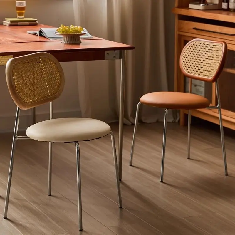 For Ins Style Rattan Dining Chair, Solid Wood Frame Wicker Seat for Home & Restaurant, Space-Saving Balcony Chair