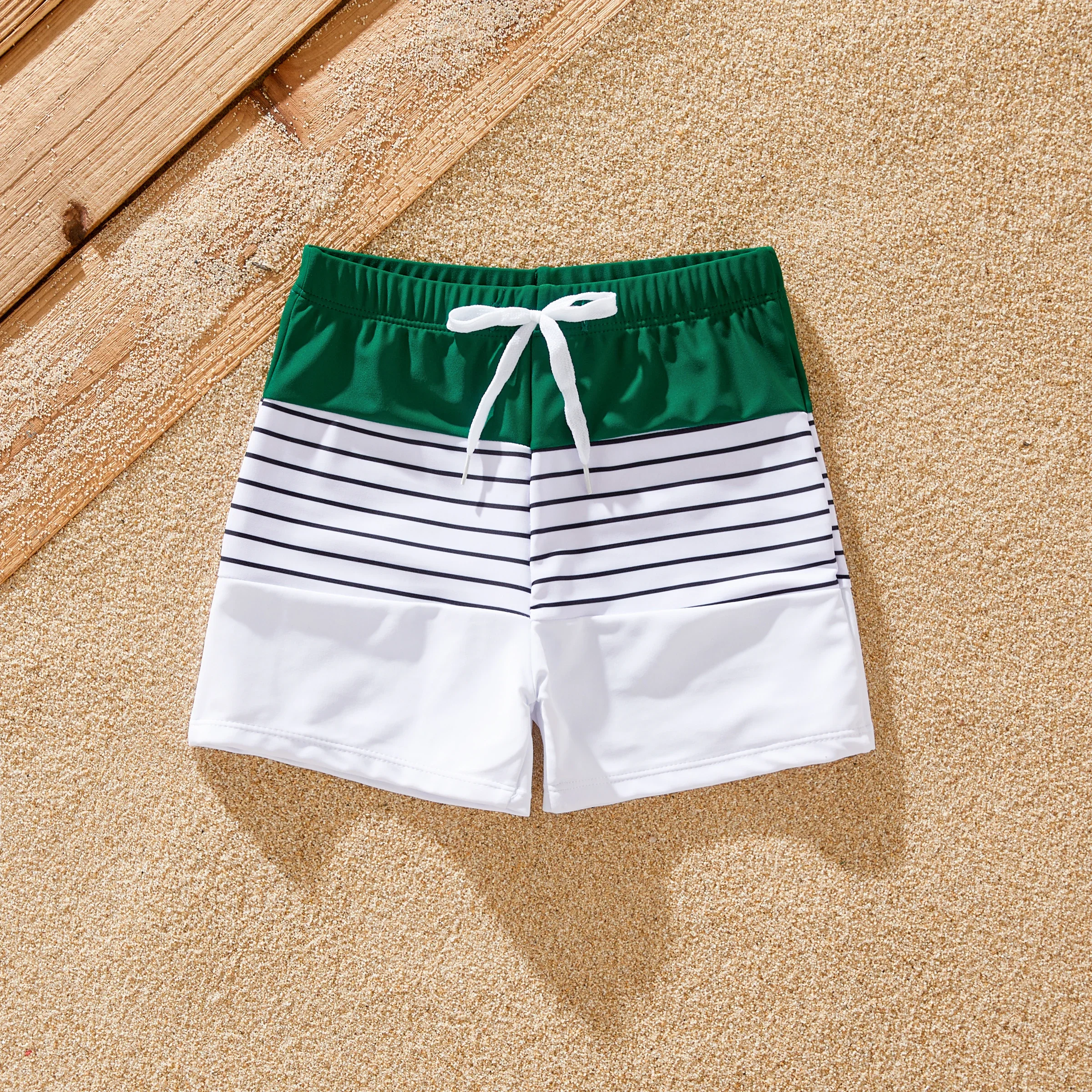 PatPat Family Matching Color Block Drawstring Swim Trunks or Stripe Cross Front Two-Piece Swimsuit Suitable for Summer Season