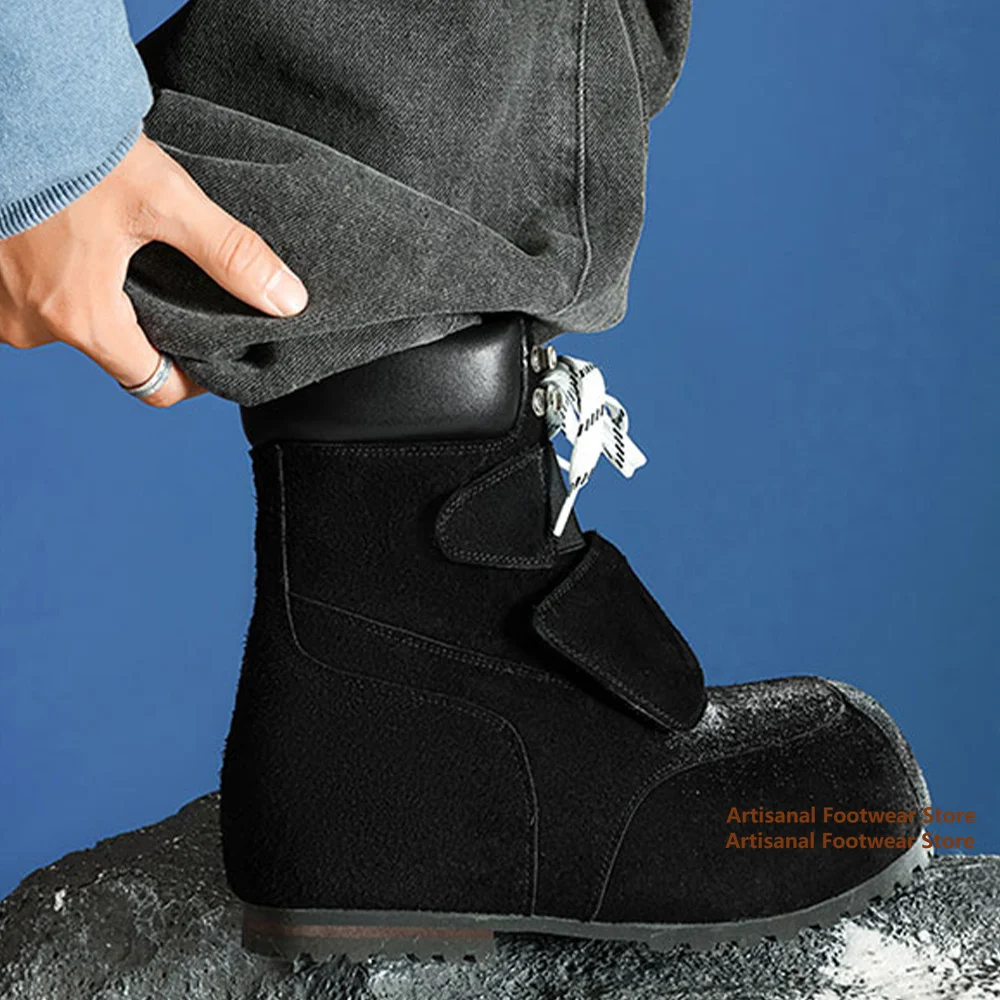 Thick-Soled Height-Increasing Snow Boots Big Round Toe British Style Trendy Handmade Black/yellow Suede Men's Shoes Botas Mujer