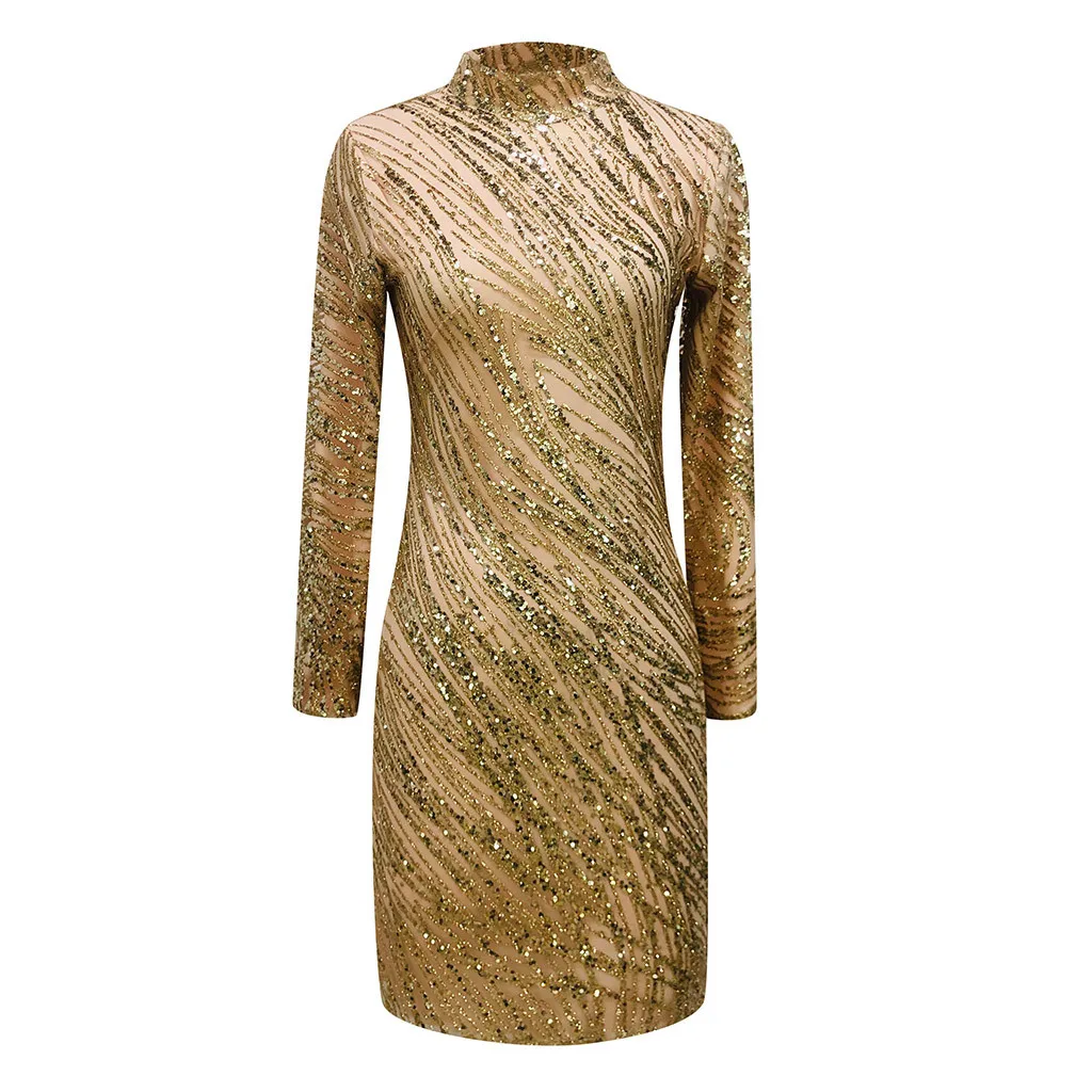 Abiti formali da donna eleganti abiti a maniche lunghe in rete Glitter scintillanti paillettes Backless Bodycon Mini abiti abito da sera abito da sera