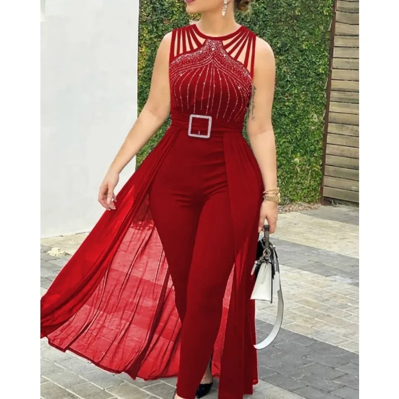 

Women Jumpsuit 2024 Summer Simple Sleeveless Round Neck Rhinestone Fashion Sexy Sheer Mesh Daily Casual Commuting Jumpsuit