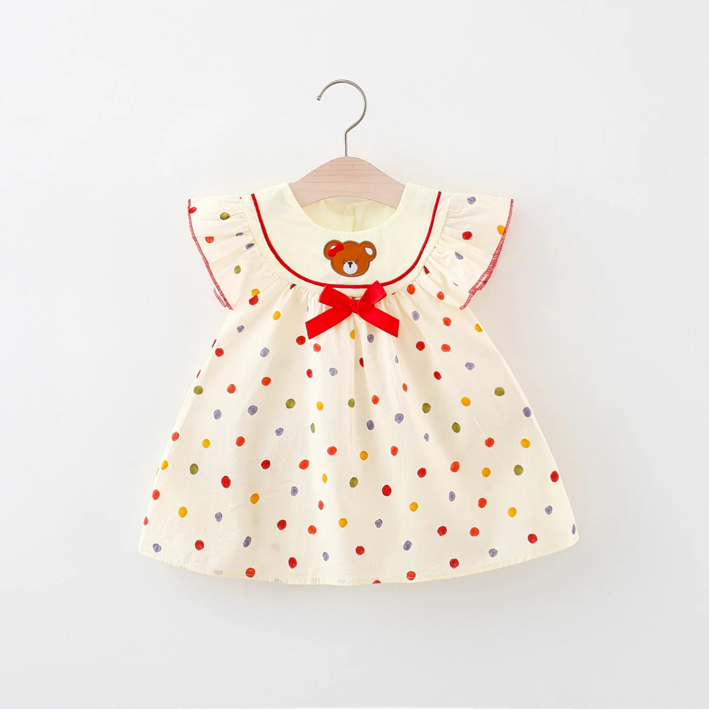 Summer Girls Dress Baby Girl Little Bear Embroidered Colorful Dot Print Little Flying Sleeves Princess Dress