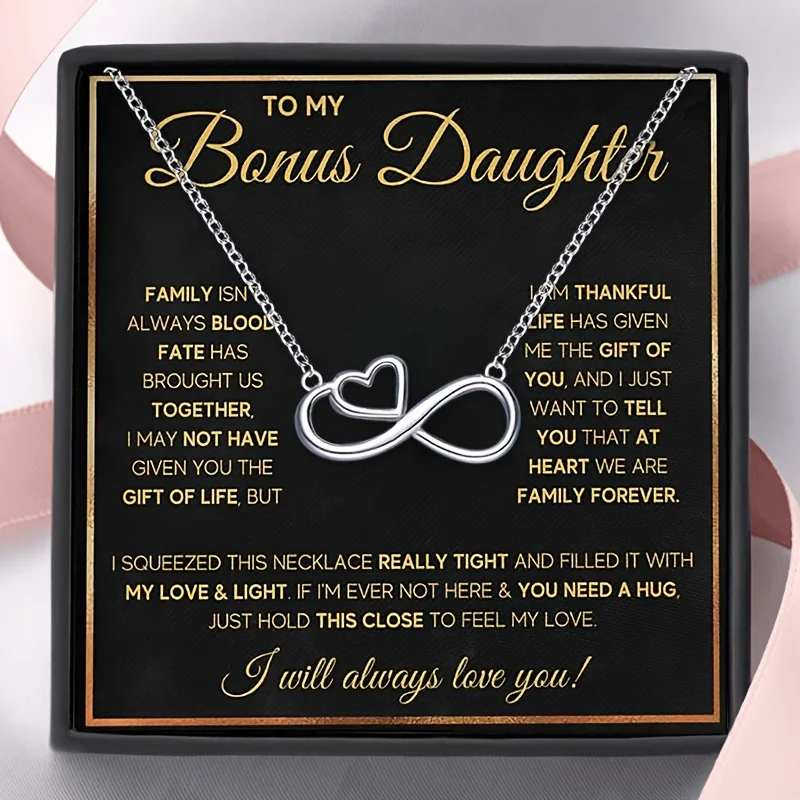 To My Bonus Daughter Infinite Love Necklace,Pendant Necklace,Birthday Gift Graduation Gift Blessing Card And Gift Box Packaging