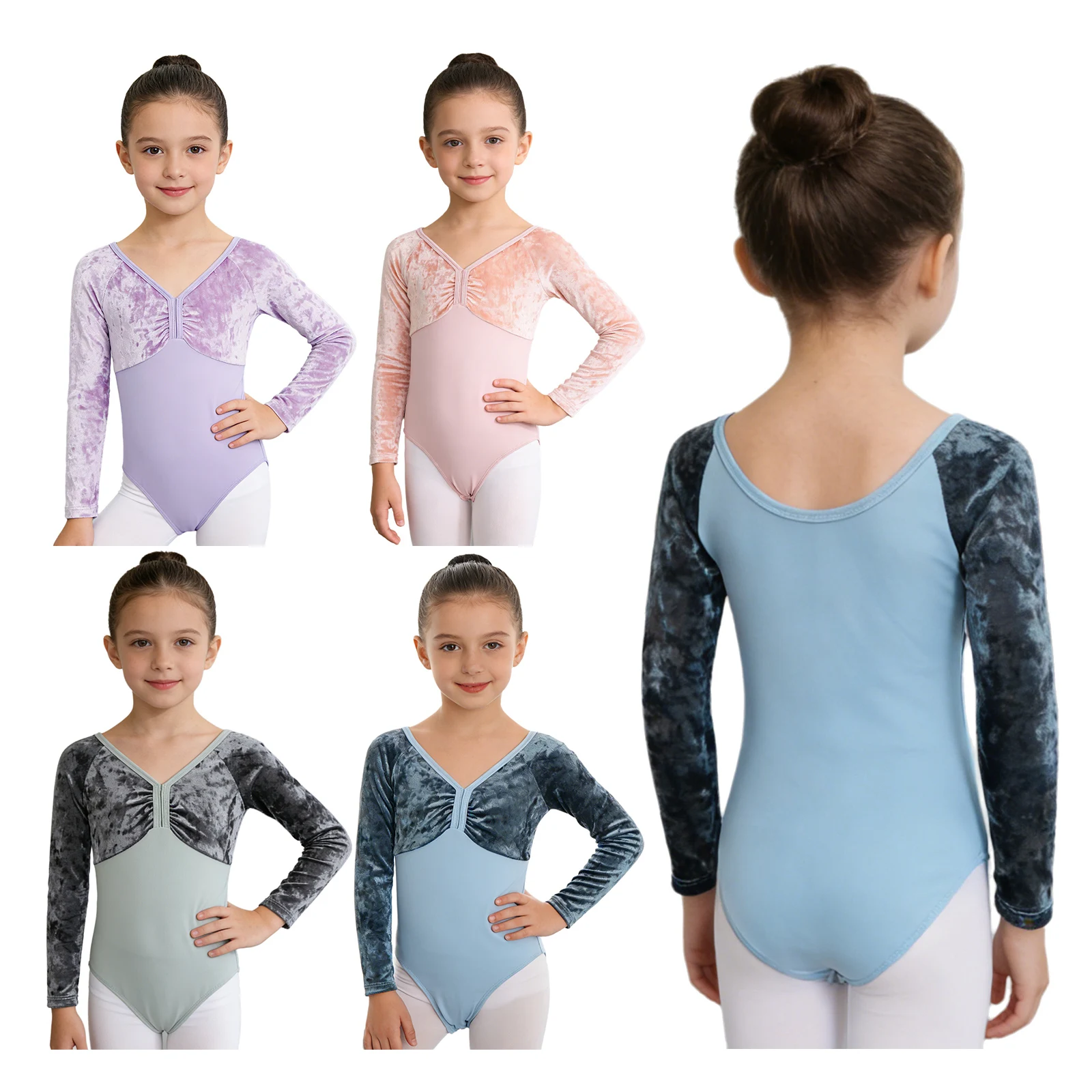 ชุดบอดี้สูทบัลเล่ต์สำหรับเด็กผู้หญิง ชุดเต้นรำกำมะหยี่แบบต่อผ้า แขนยาว สีพื้น ชุดยิมนาสติก ชุดเต้นบัลเล่ต์