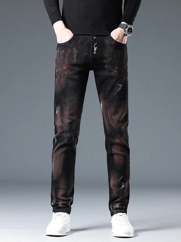 

Мужские джинсы с эффектом брызг краски в стиле ретро, зауженные, повседневные, длинные брюки, весна-осень, модные, из хлопкового стрейч-денима