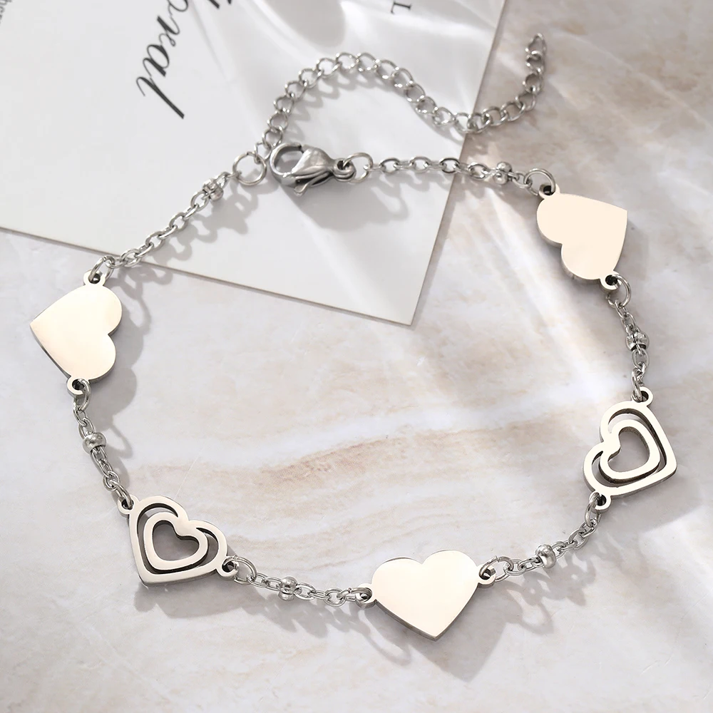 Stainless Steel Bracelets Fresh Double Heart Design Openwork Carving Noble Bracelets For Women Jewelry  Luxuries Banquet Gifts