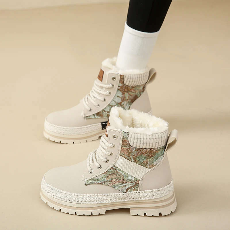 CRLAYDK Botas de nieve para mujer, moda cálida de invierno con cordones en el frío, forro polar de imitación, botines para exteriores, zapatos de plataforma para mujer