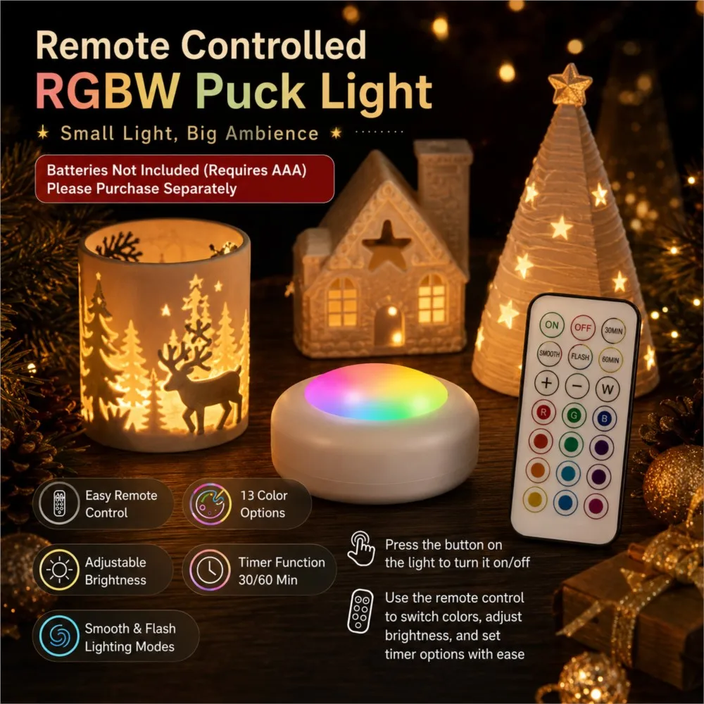 3 Pack Remote Control Color RGBW Puck Lights for Bambu KC007 Wireless Puck Light LED Lamp Kit Timer for 3D Printing Project