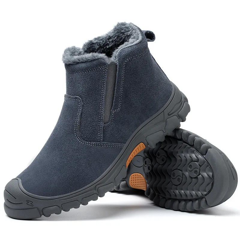 Winter work boots, cotton shoes, high-top, fleece-lined, warm, cowhide, anti-scald, steel toe cap, anti-impact, anti-puncture