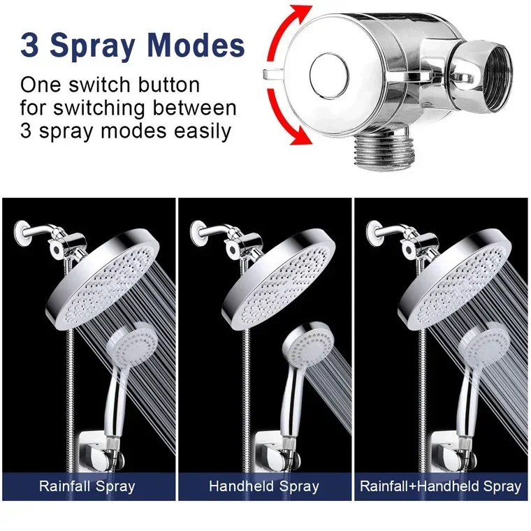 American Style Showerhead Set with Concealed Bracket, Three-way Splitter with Socket, Top Spray Dual Showerhead Combination Set