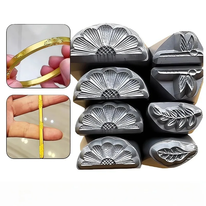 Carved Daisy Blessing Word Steel Punch Set Leaf DragonflyEmbossing Relief Chiselfor Metal StampingTool Ring Bracelet Gold Silver