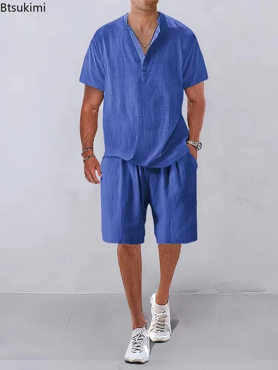 Fashion New Men's Casual Sets Summer Solid Loose Stand Collar Linen Outfits Breathable Short-sleeved Shirt and Shorts Two-pieces