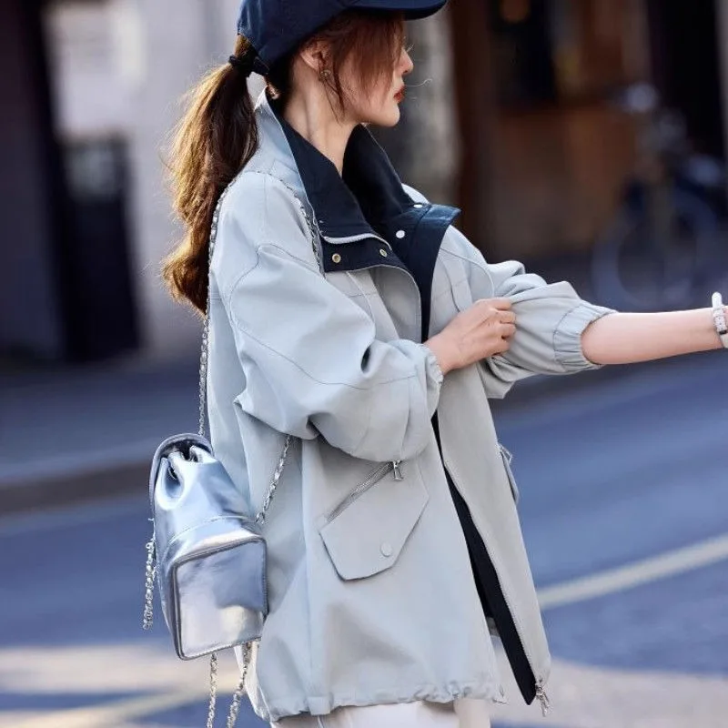 Autumn Coat Temperament Contrasting Color Trench Coat 2025 New Korean Version Casual Loose Versatile Jacket Top Tooling Women