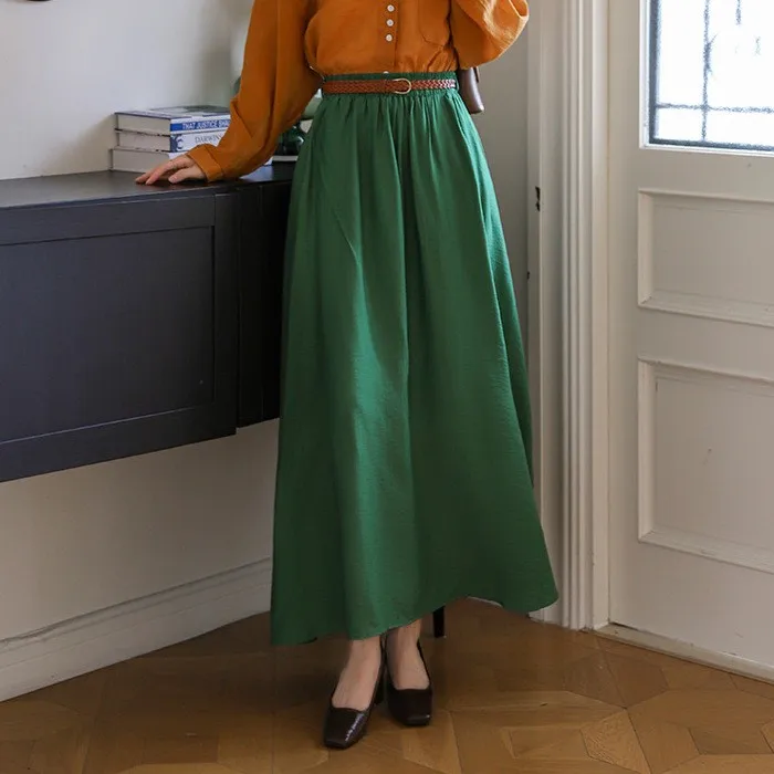 ارتفاع الخصر ألف خط تنورة خمر هونغ كونغ Sle مع حزام لون نقي واسعة هيم المرأة أوائل الخريف جديد مزدوج كيت تنورة طويلة