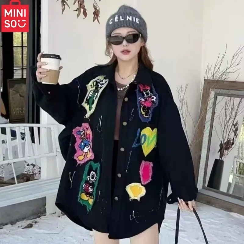 

MINISO Autumn New Fashion Cartoon Embroidered Shirt for Women, Medium to Long, Loose and Versatile Denim Coat