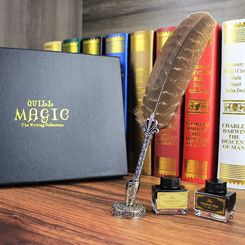 Antique Feather Dip Pen Retro Fountain Pen Writing Set with Metal Letter Opener European Style for Calligraphy Art Words Gifts