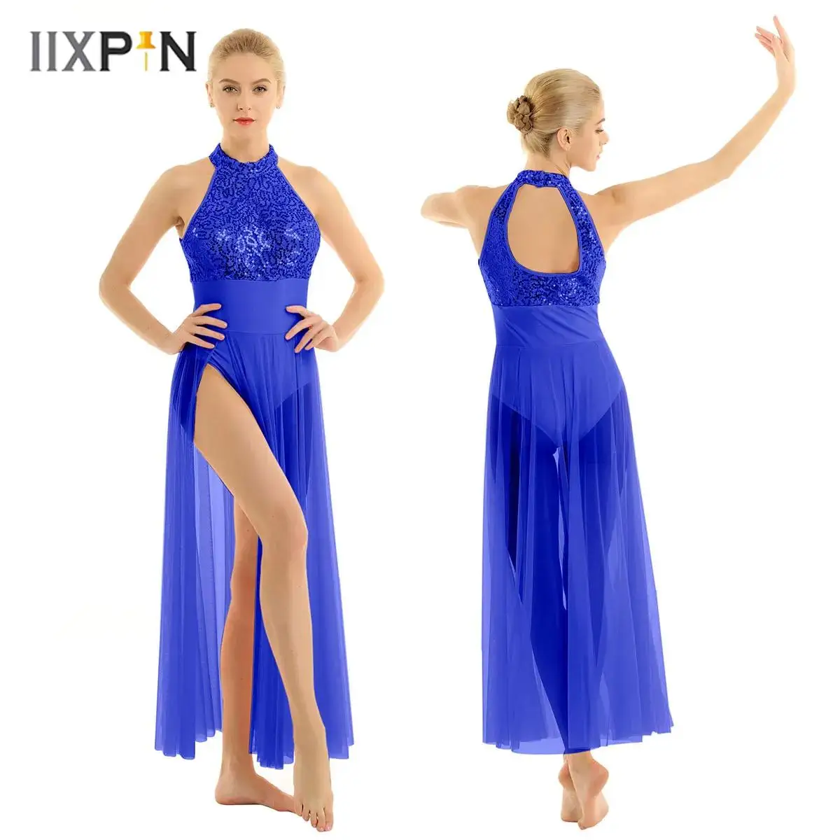 

Women Lyrical Dance Dress Latin Jazz Dance Leotard Shiny Sequins Sleeveless Mesh Overlay Maxi Dress Ballroom Performance Costume