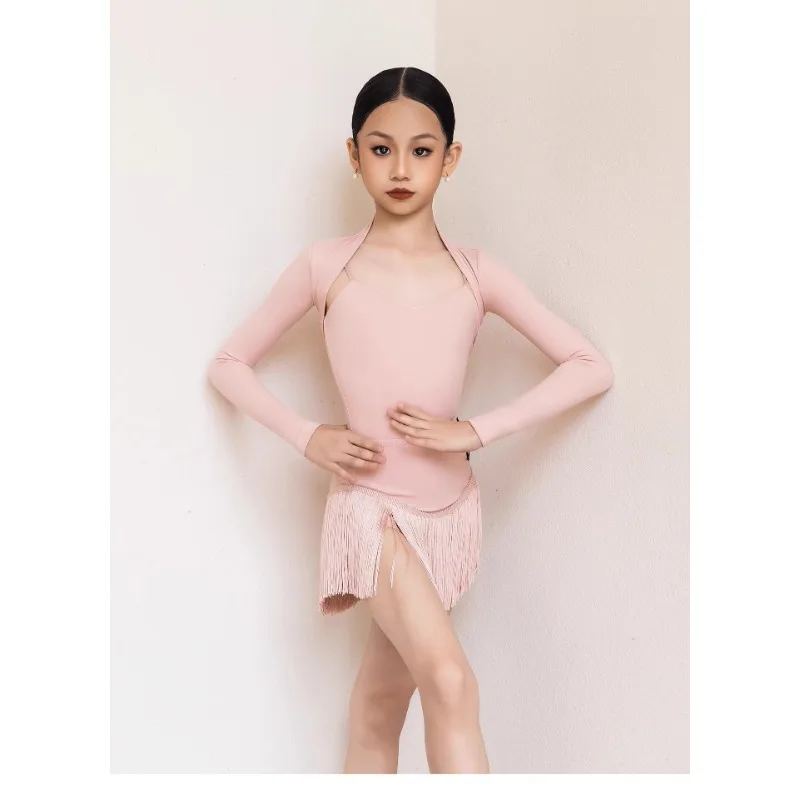 customized Latin dance suit children's gentle pink camisole dance costume 3-piece set tassel skirt split set practice costume