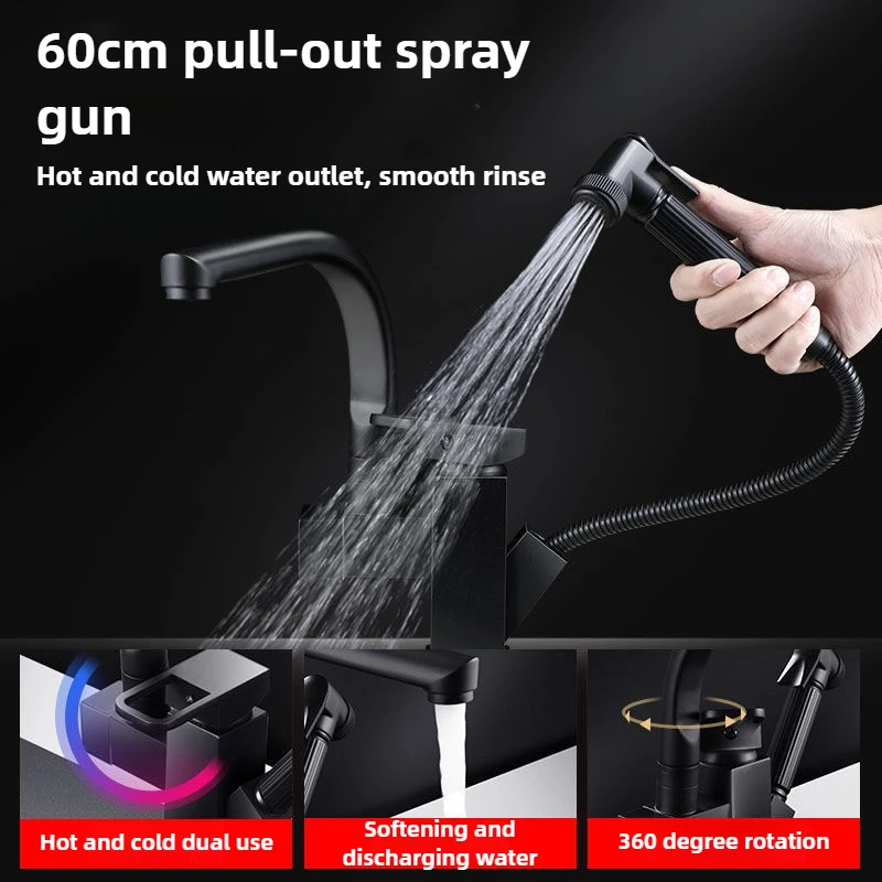 Kitchen Pull-out Multi-Function Faucet Rotatable Hot and Cold Pressurized Black Square Robot Faucet