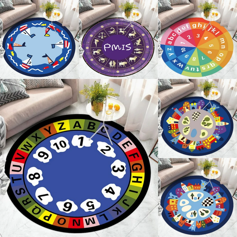 Kids Play Mat Cartoon Numbers Letters Round Rug Living Room Sofa Rug Decor Bedroom Soft Rug Parent-child Activity Reading Mat
