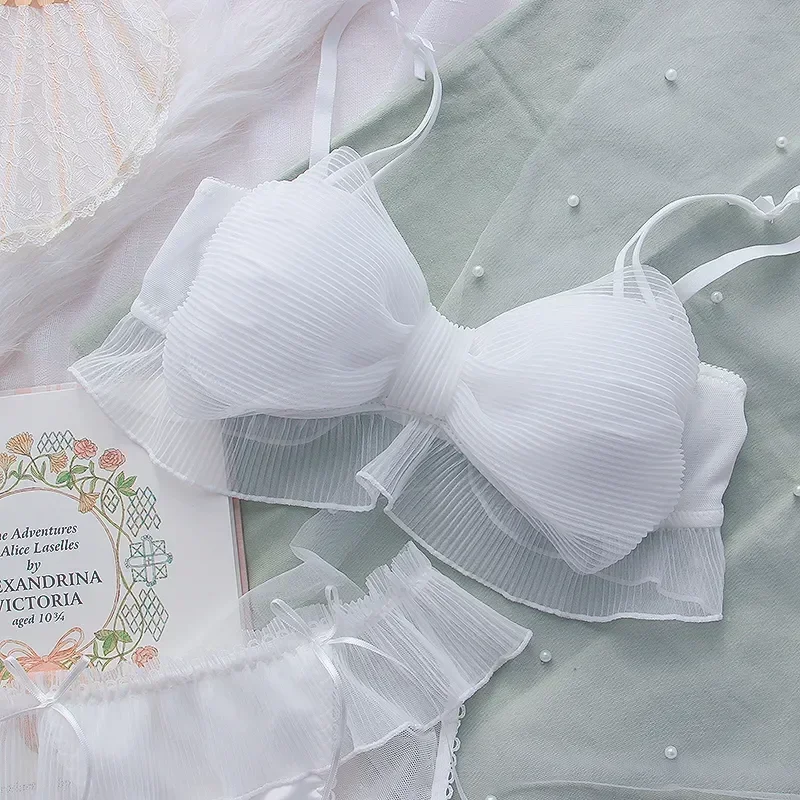 2026 Neues Süßes Lolita-Schleifen-Mesh-BH-Set, Süßer Rüschen-BH ohne Bügel, Bequeme Unterwäsche im japanischen Stil für Mädchen – Detail 11