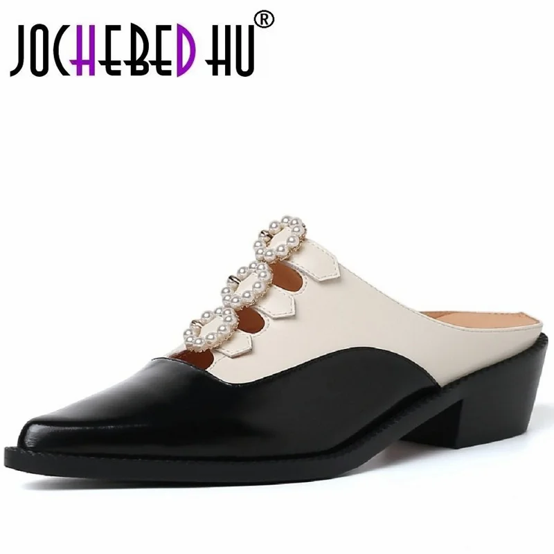 

【JOCHEBED HU】Fashion Brand Crystal Buckle Women Cow Leather Pointed Toe Pumps Thick Heels Retro Design Size 34-41