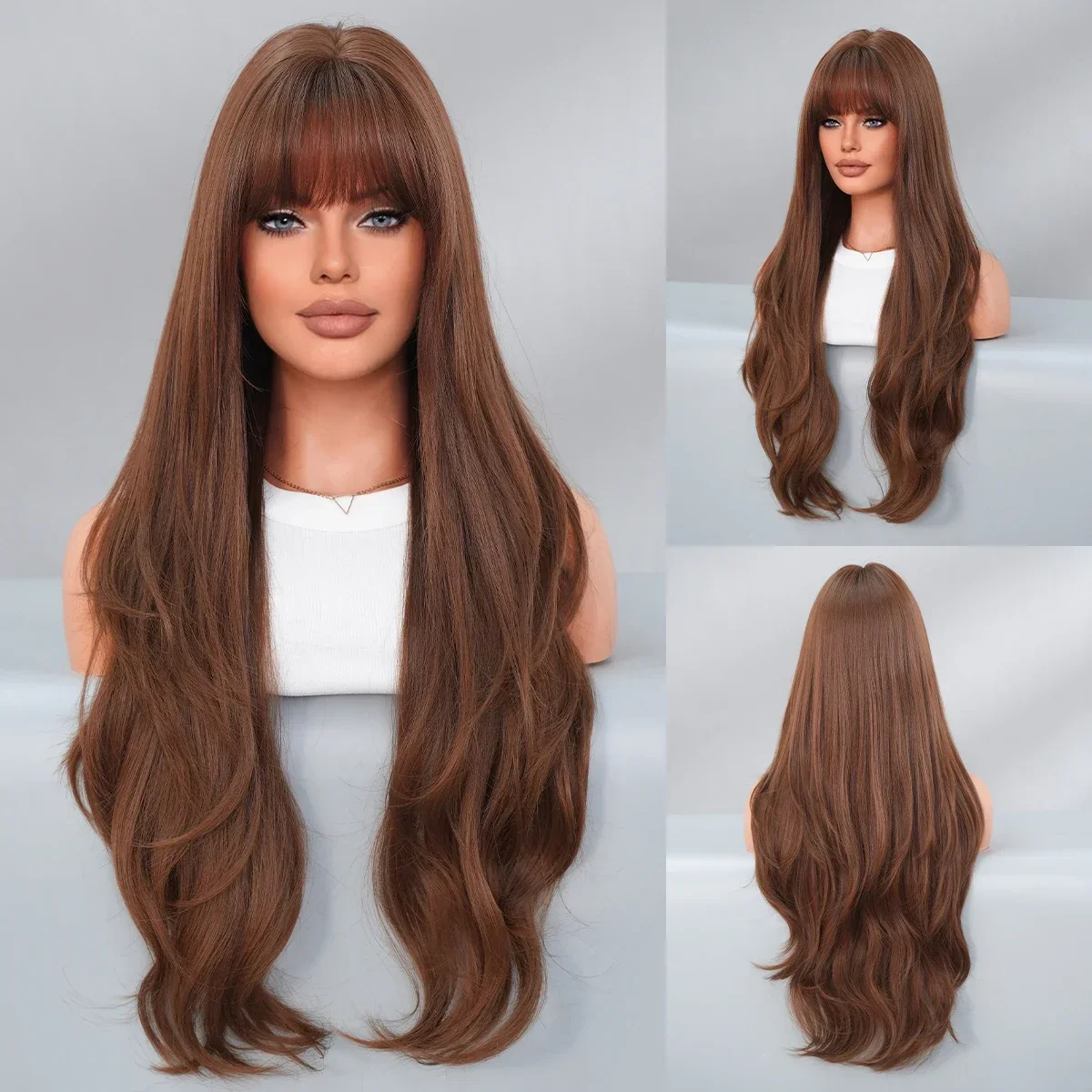 

PARK YUN Loose Body Wave Brown Wig for Women Daily Use High Density Synthetic Copper Hair Wigs With Neat Bangs Lolita Wig