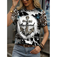 New Summer Women's T-Shirt Fashionable Round Neck Tee Shirts 3D Anchor And Leopard Print Short Sleeve Tops Spring & Summer