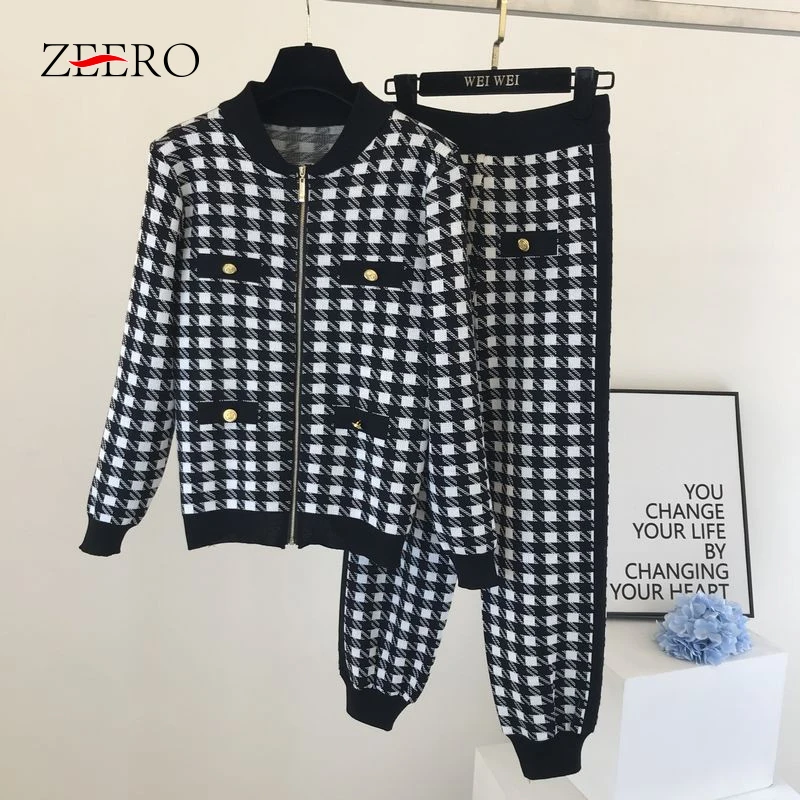 

S-4XL Women Vintage Gold Button Plaid Outfits Black Zipper Knitted Cardigans + Long Pants 2 Piece Set Tracksuits Suits
