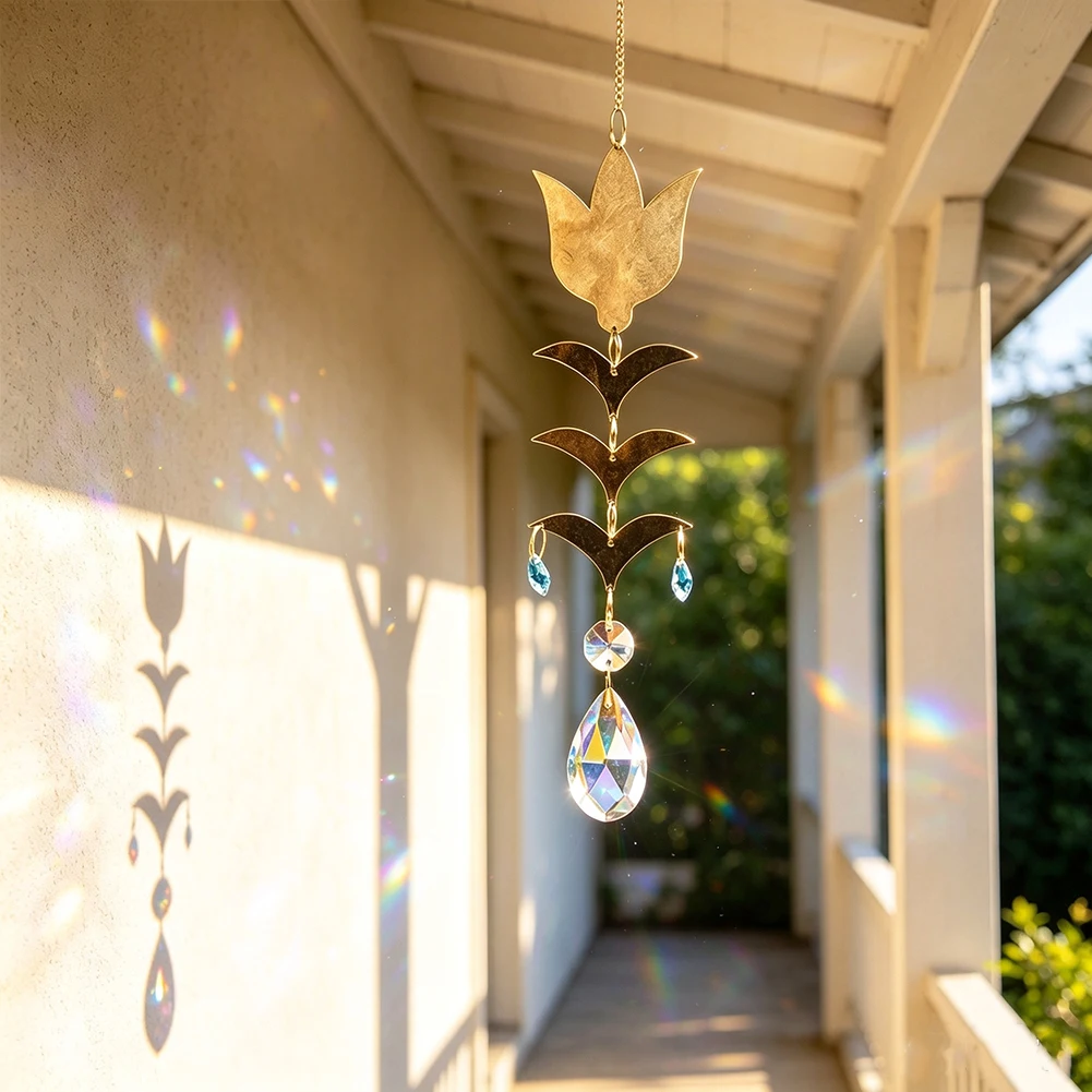 Tulpenförmiger Metall-Kristall-Sonnenfänger Regenbogen-Prisma Hängende Dekoration Fenster-Lichtfänger Anhänger Heim Garten Wanddekoration Geschenk – Detail 2