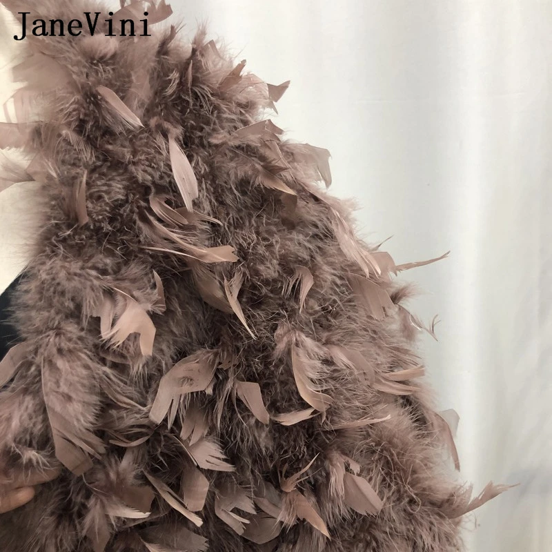 JaneVini Plus Size 220cm*40cm Fur Shawl Bridal Cape Real Ostrich Feathers Women Wedding Wraps Coffee Bride Party Stole Shrugs