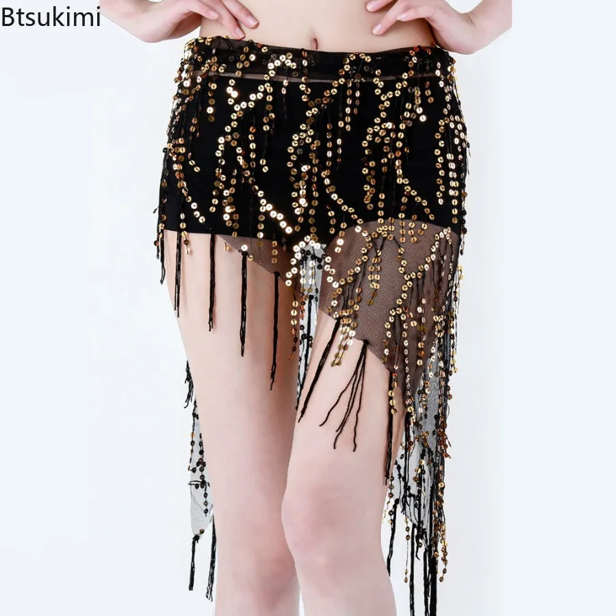 

2026 Latin Dance Costumes Sequins Tassel Hip Skirt for Women Colorful Floral Hollow Out Practice Belt Triangle Hip Scarf Ladies