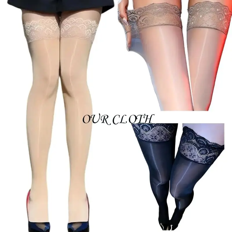 

Glossy Lace Top Thigh High Stockings Nonslip Silicone Band Sheer Over Knee Long Socks For Evening Event And Daily Wear Y1AC