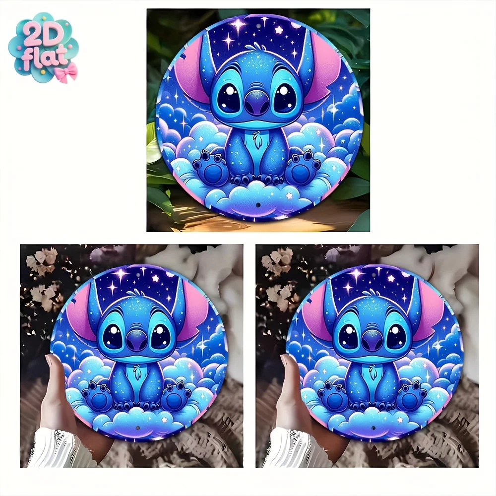 قطعة واحدة من لافتة فنية جدارية معدنية مستديرة - ديكور ألومنيوم مستوحى من الطراز الكوني والنجوم، ألوان زرقاء ووردية نابضة بالحياة