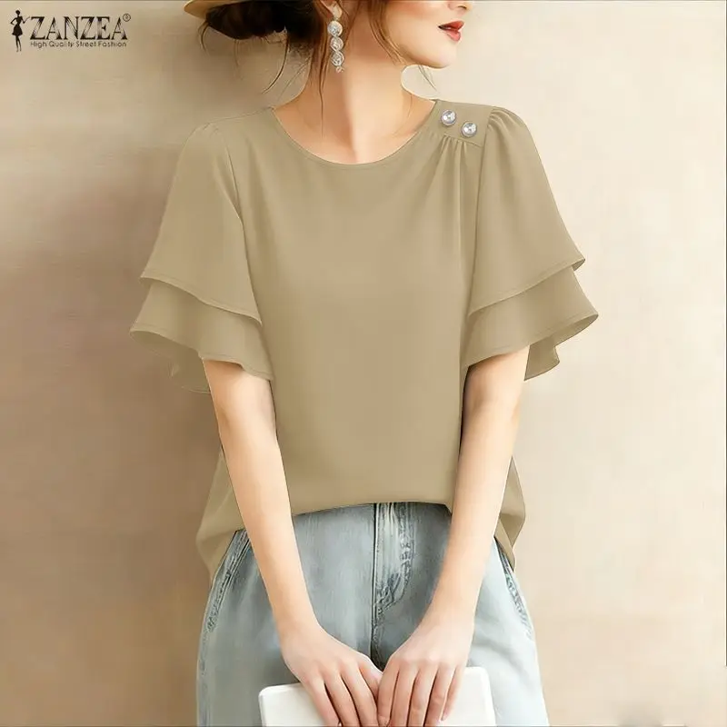 

2026 ZANZEA Women Summer O Neck Short Sleeve Blouse Stylish Elegant Solid Color OL Work Shirt Casual Holiday Tops Tunic Femme