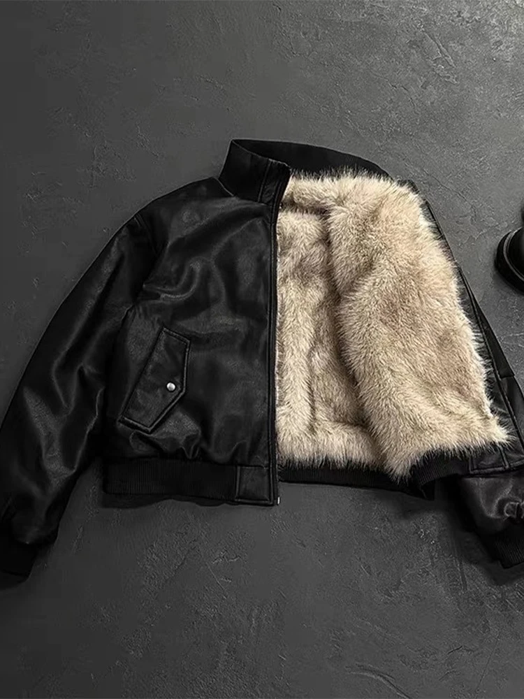 

Bla PU Leather ort Jaet Cotton Padded Men's Winter Thi Warm High-End Retro Sle Coat Youth Casual Long Sve Stand ...