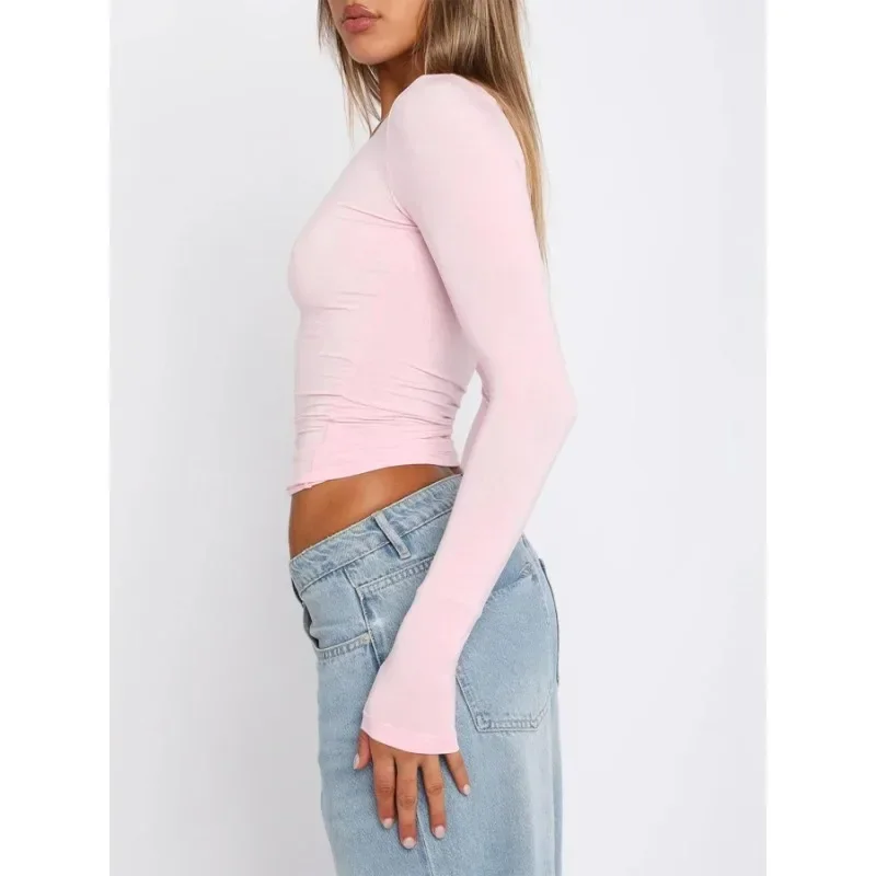 بالإضافة إلى حجم 1XL-5XL المرأة قميص طويل الأكمام الأساسية تي شيرت أعلى جولة الرقبة المألوف سليم صالح الأعلى