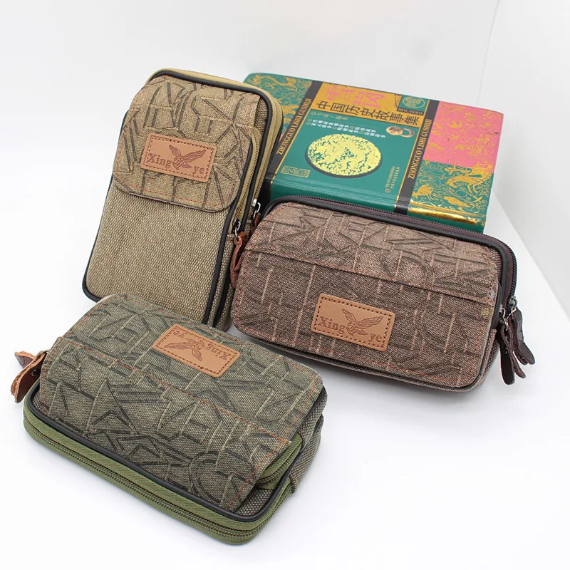 Wear-resistant canvas square men's waist bag for wearing a belt, work waist hanging wallet, double zipper, large capacity